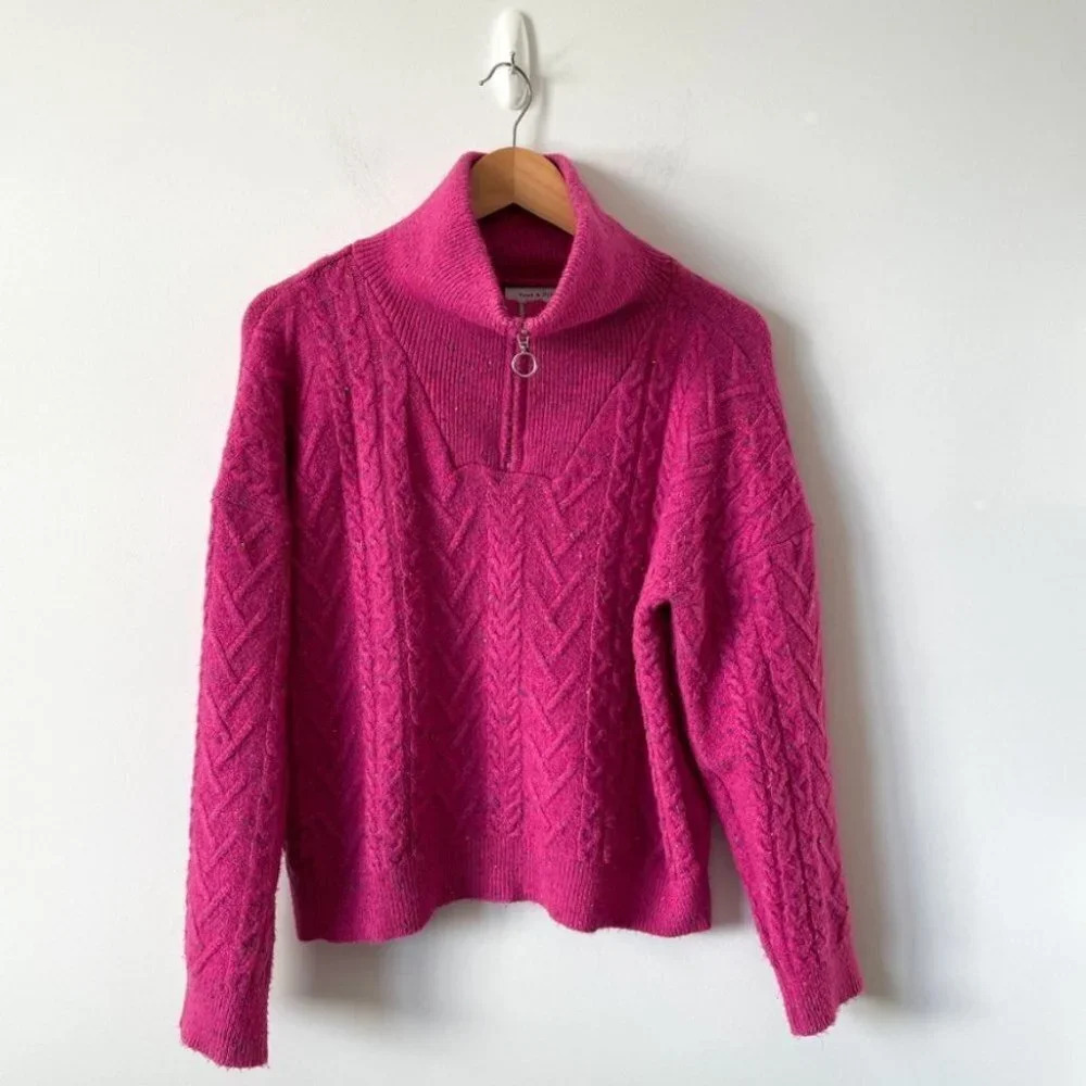 Neon &  Nylon Pullover 1/4 Zip Cable Knit Sweater Confetti Pink Size Small